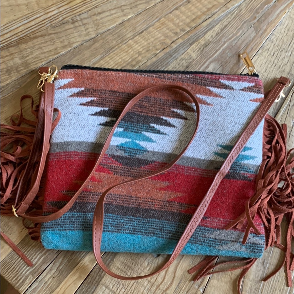 Aztec Inspired Western Crossbody Purse with Long Faux Suede Fringe